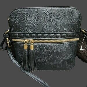 BLACK TOOLED Women's CROSSBODY Purse Western with TASSELS NWT
